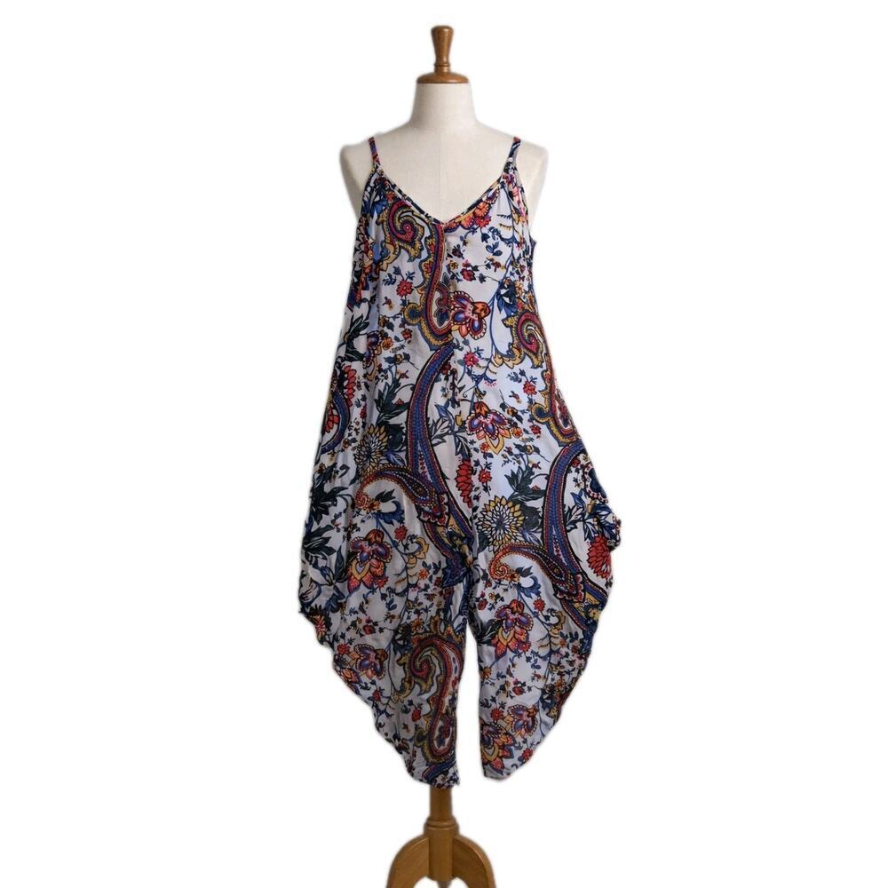 MSK Women's M Bohemian Paisley Floral Asymmetric Wide Leg Jumpsuit Romper